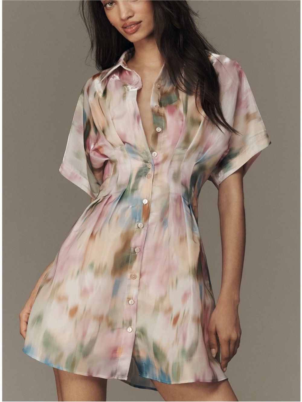 Anthropologie Silky Watercolor Shirt Dress in Blush Multi Medium